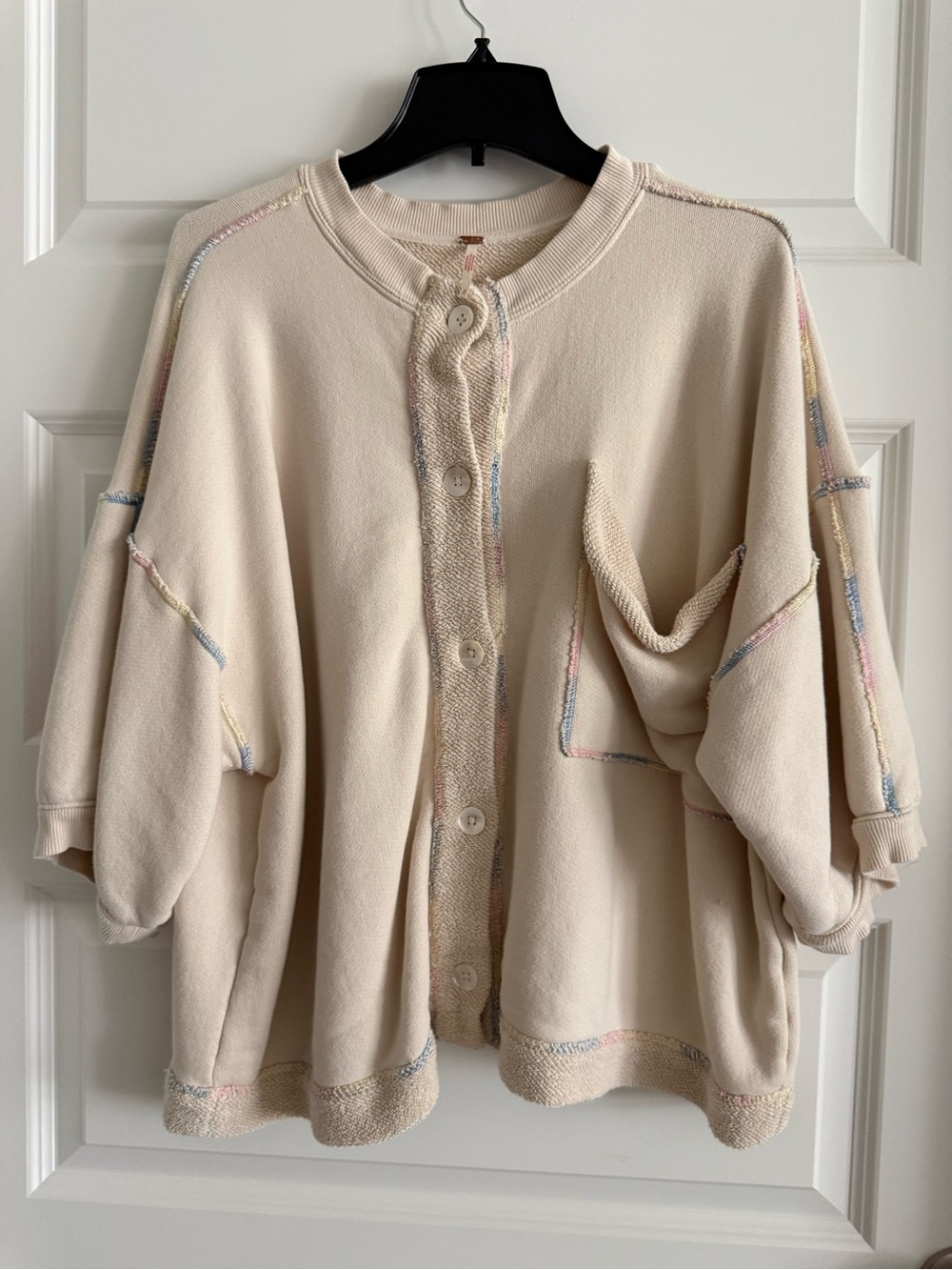 Free People Cream Oversized Button-Front Cardigan with Multi colored Pastel Trim